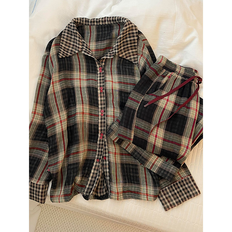 可外穿韩版格纹长袖睡衣女春秋季新款休闲开衫长裤家居服两件套装