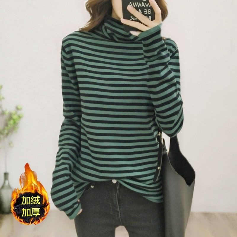 欧洲站秋冬季新款加绒加厚保暖纯棉打底衫女洋气减龄长袖t恤上衣