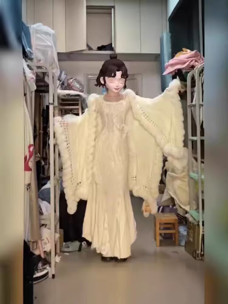 毛毛拼接针织斗篷披肩女2025秋冬新款加厚保暖温柔风气质围脖外套