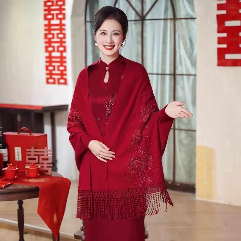 红色高端配旗袍披肩2025新款春秋季婚宴喜婆婆礼服外套喜妈妈外搭