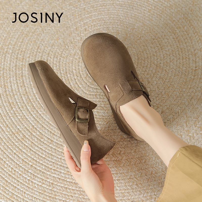 卓诗尼全包勃肯鞋女款春秋新款懒人一脚蹬单鞋复古平底百搭小皮鞋