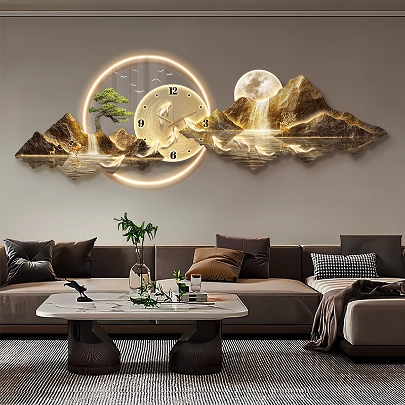 带钟表挂墙客厅装饰画现代轻奢沙发背景墙挂画高档氛围画日照金山