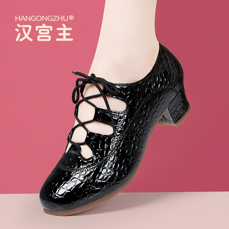 女鞋漆皮黑色系带凉鞋夏季跳舞鞋软底软面粗跟摩登舞交谊舞水兵舞