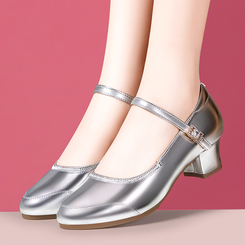 银色广场舞鞋软皮软底走秀舞蹈鞋中跟交谊舞鞋粗跟跳舞鞋子妈妈鞋