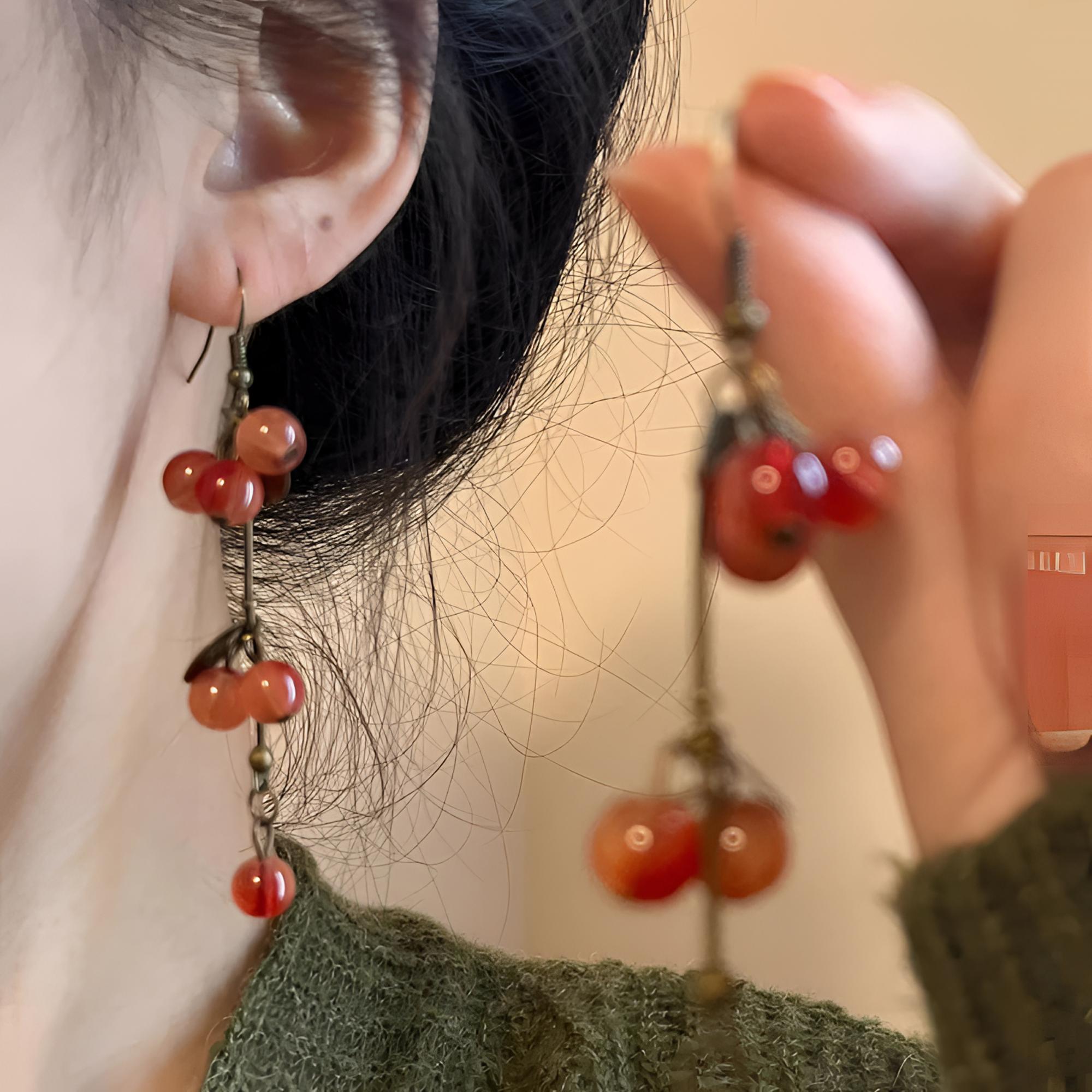 合金耳饰 中国风独特设计红果子耳环森系长款耳坠气质高级感耳饰