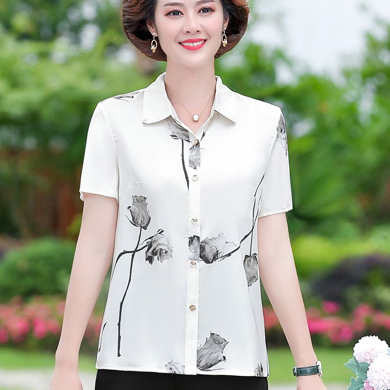 妈妈装夏季高档短袖衬衣时尚印花轻薄女士翻领冰丝t恤衬衫套装潮