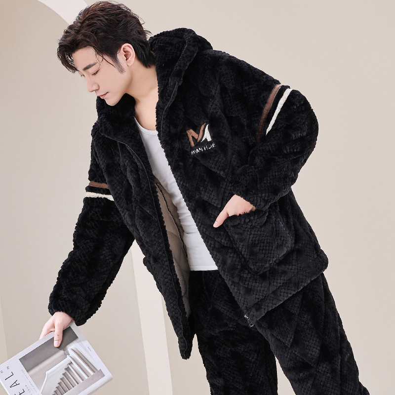 男士睡衣冬季三层珊瑚绒夹棉袄加厚加绒保暖连帽款家居服套装冬款