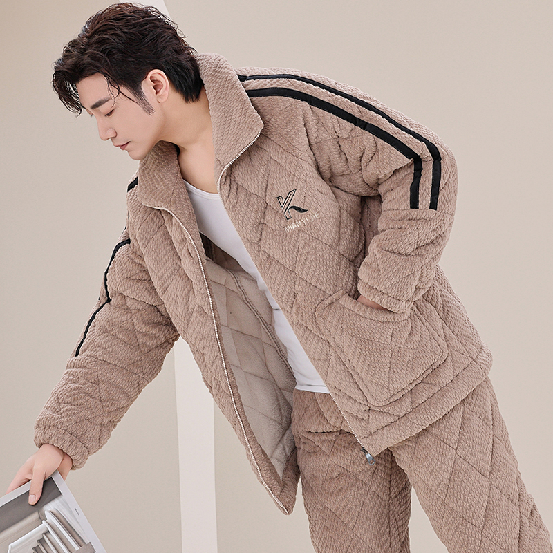 睡衣男士冬季夹棉珊瑚绒三层加厚加绒男款冬天冬款保暖家居服套装