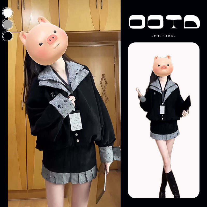 入秋一整套女装2024新款韩版时尚通勤减龄拼接夹克外套短裙两件套