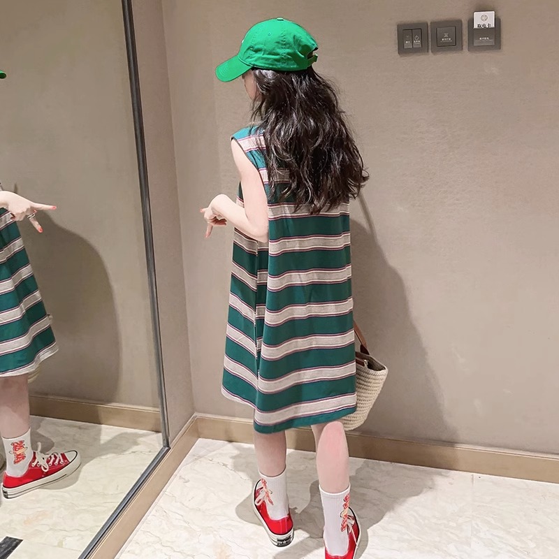 女童夏季T恤裙2025新款中大童条纹长t儿童洋气无袖连衣裙背心裙子