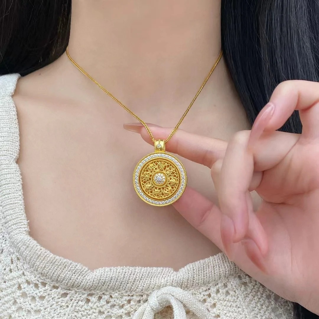 足金999可转动莫桑八宝罗盘黄金吊坠圆盘纯金项链按克圣诞节送礼
