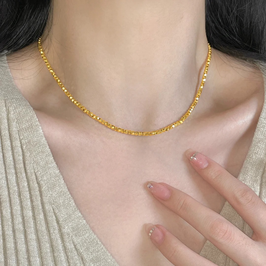 足金999爆闪蹦迪珠黄金项链穿绳版链锁骨链情人节送女友生日礼物