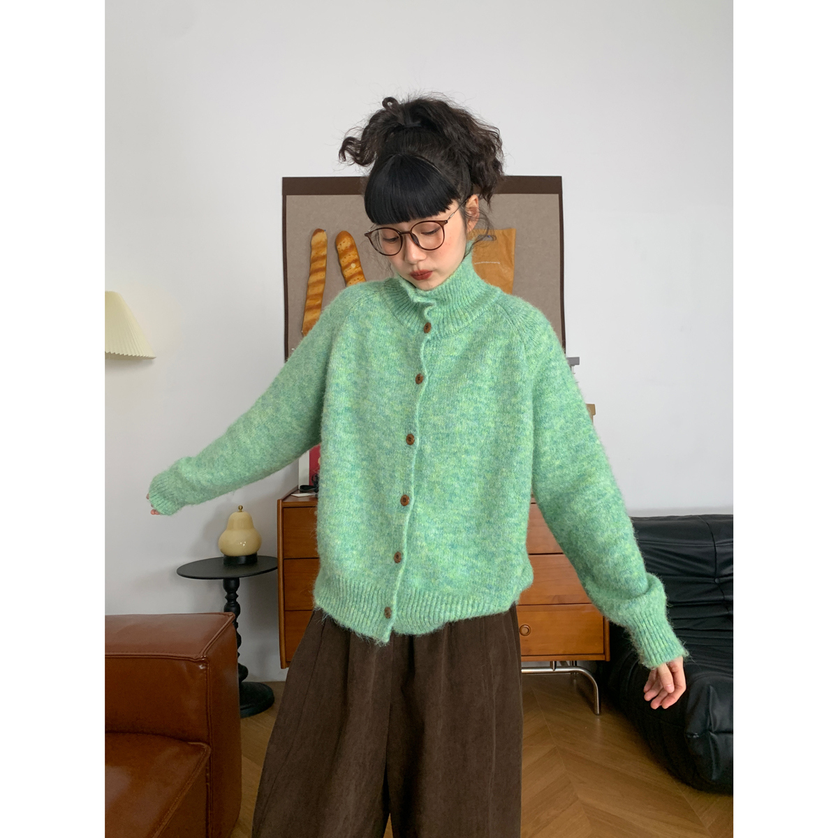 复古高领软糯针织开衫女韩版春秋新款宽松休闲百搭显瘦慵懒毛衣潮