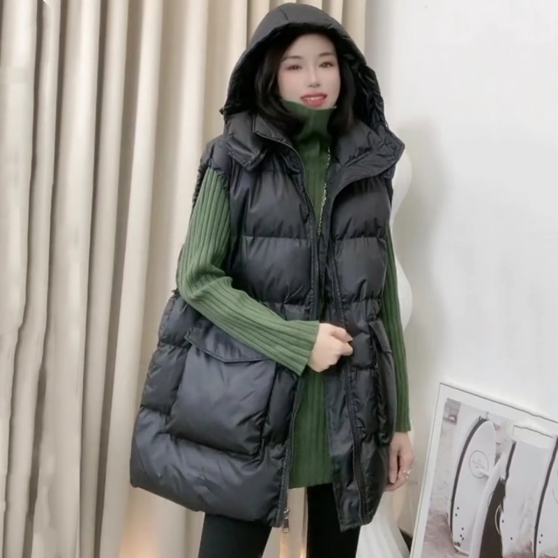秋冬羽绒马甲女外穿中长款连帽宽松2025坎肩女洋气时髦上档次马夹