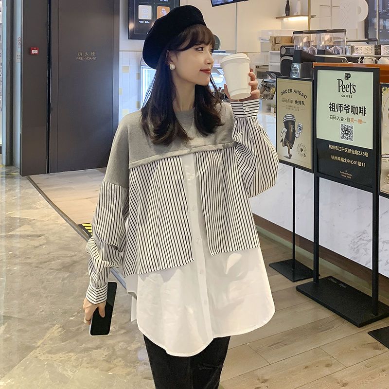 孕晚期孕妇装条纹拼接衬衫设计感小个子减龄中长款孕妇上衣