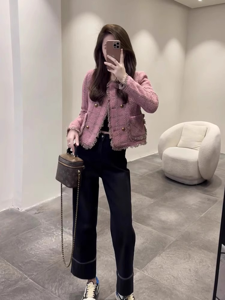 SFY粉色短款外套女2025秋季百搭气质高级感个性时尚小香风上衣