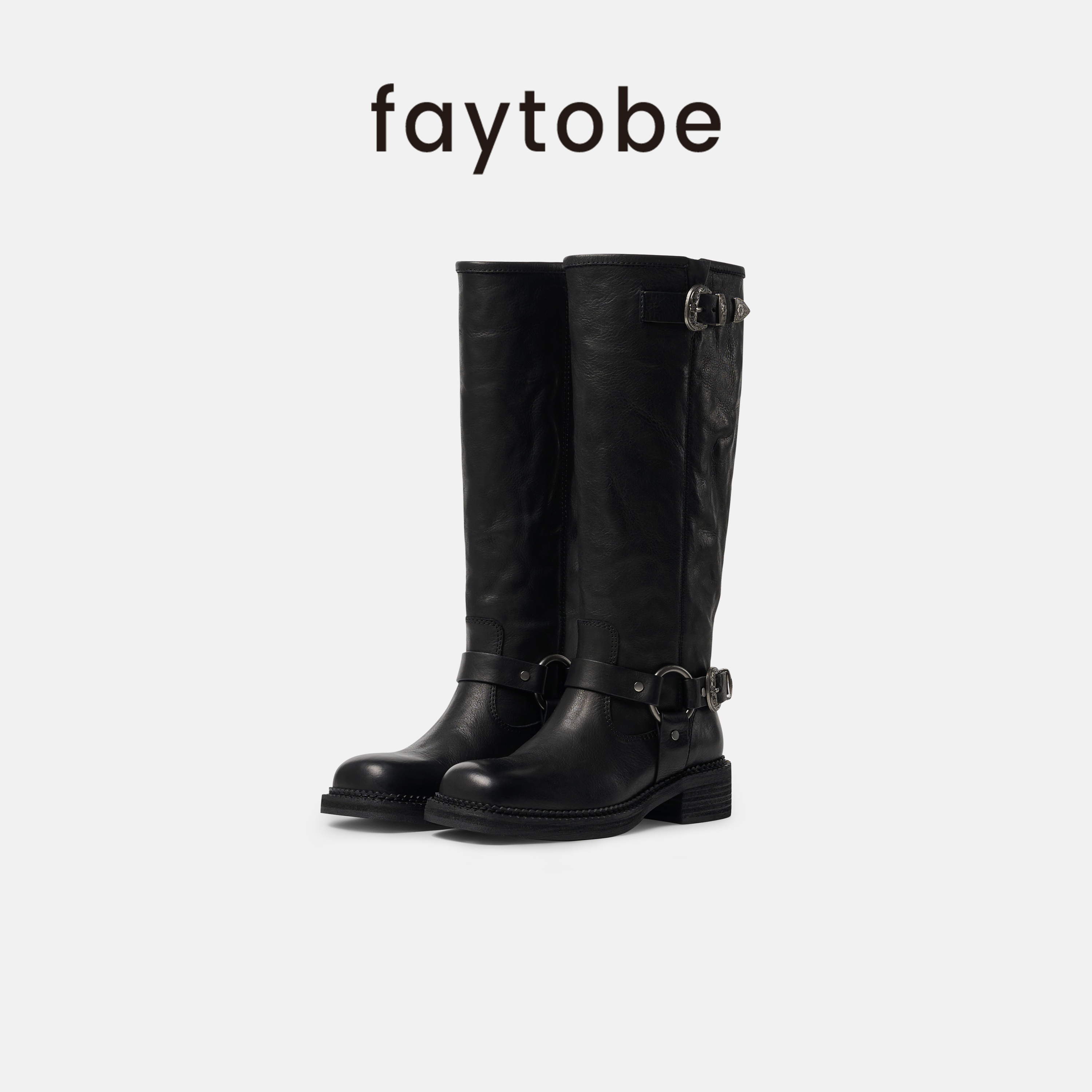 faytobe“山灵”重工骑士靴秋冬手工饰扣牛皮直筒马靴显瘦长靴