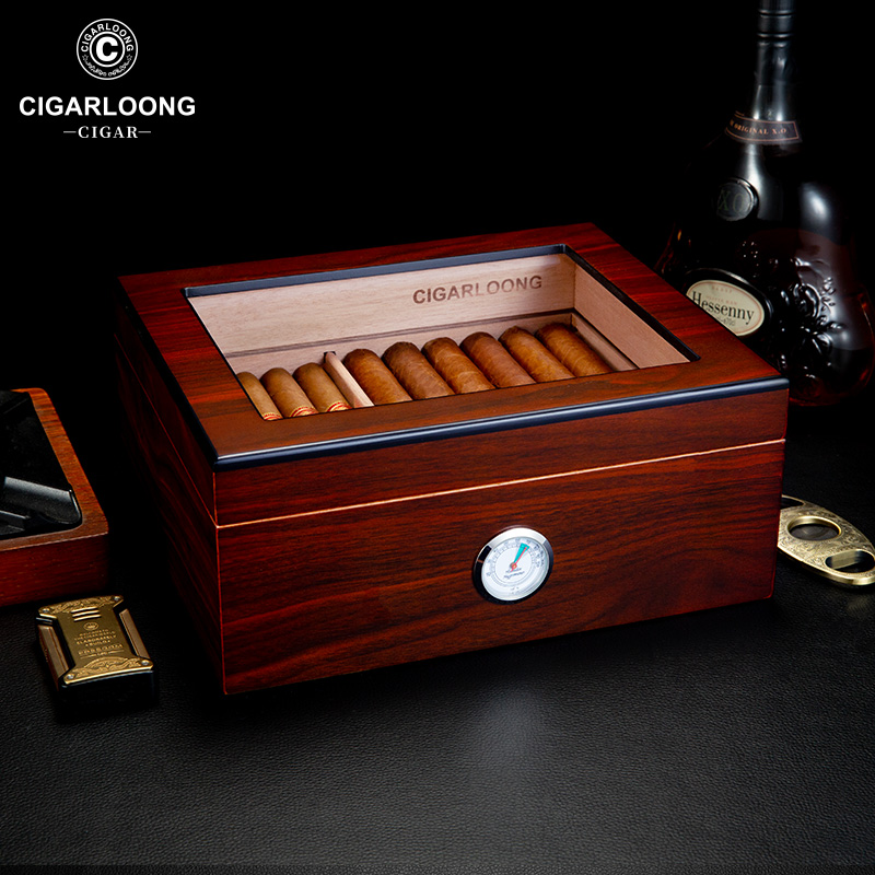 茄龙雪茄盒保湿雪松木原木纹保湿盒配带湿器湿度计雪茄保湿箱便携
