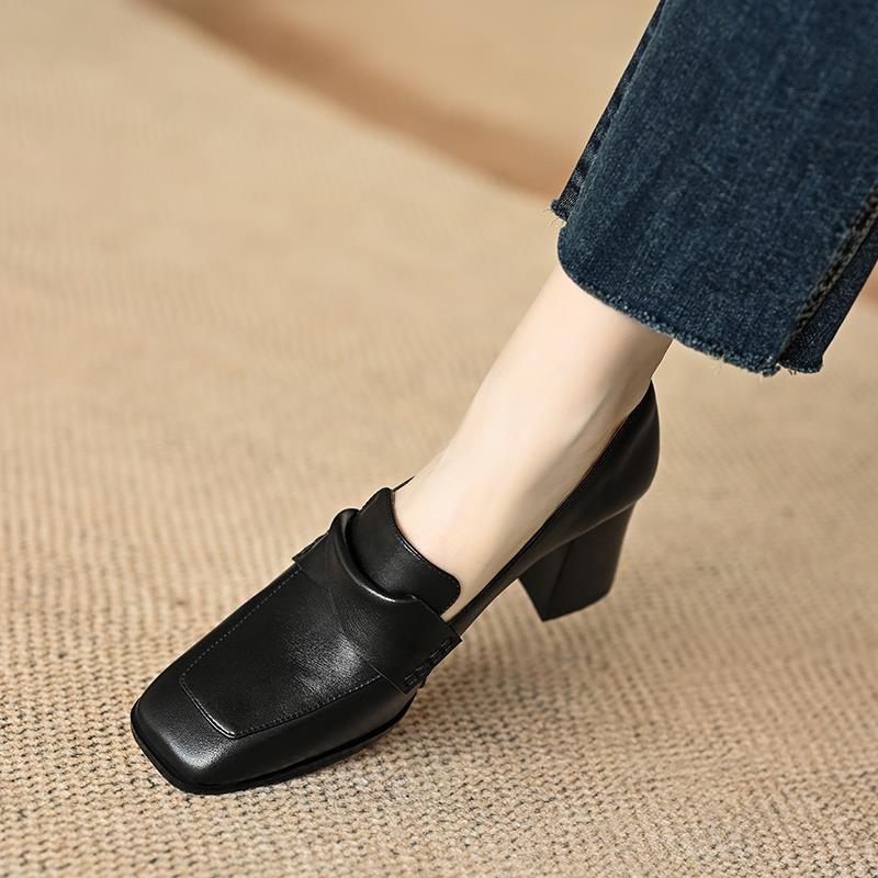 羊皮版真皮气质粗跟高跟鞋女浅口黑色时尚百搭方头法式复古单鞋女