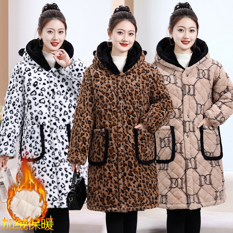 时尚新款罩衣女外穿棉服加绒保暖防寒大衣外套长款豹纹加厚家居服