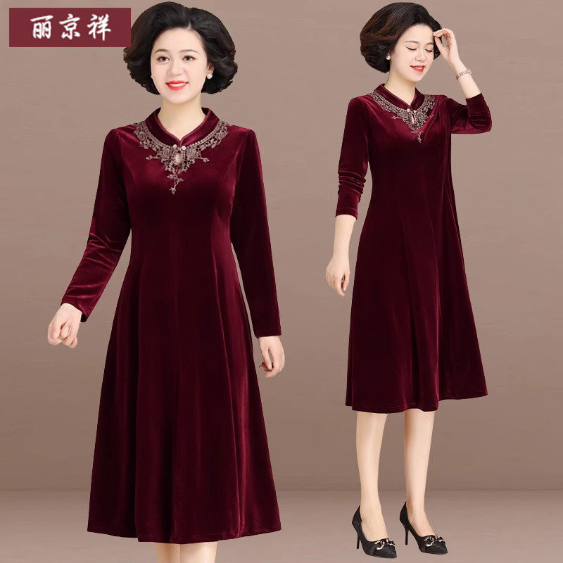 妈妈秋装金丝绒连衣裙洋气中老年女春秋喜婆婆婚宴装礼服旗袍裙子