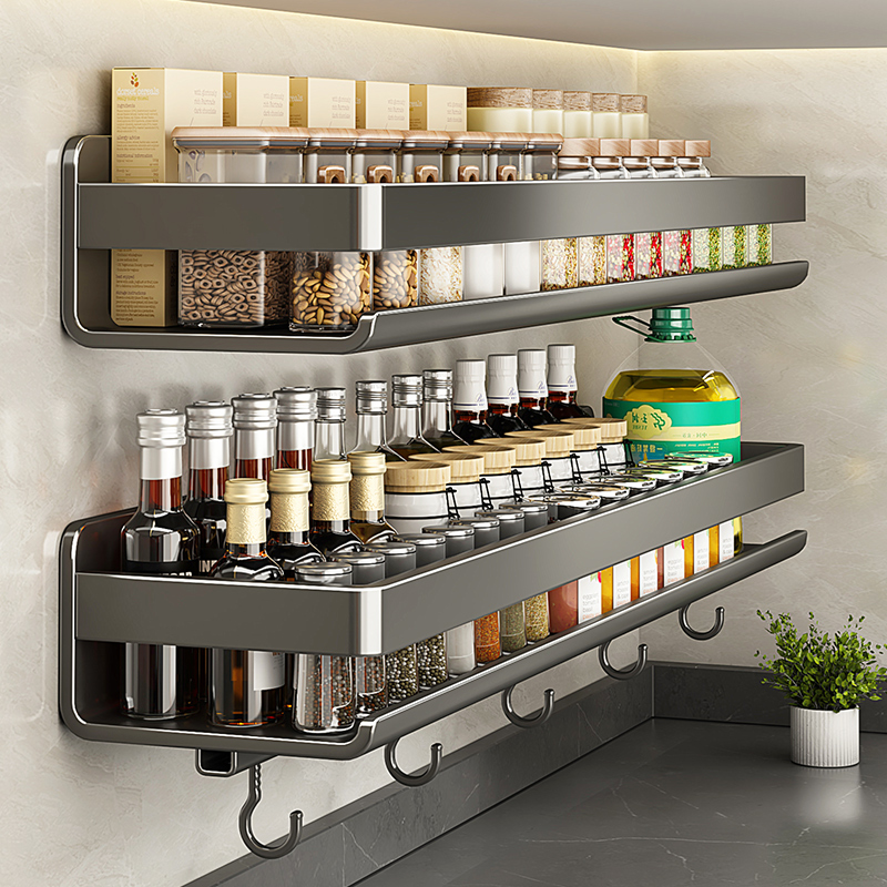 枪灰厨房置物架免打孔壁挂调料架加宽调味品多功能家用大全收纳架
