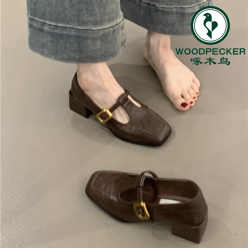 啄木鸟复古玛丽珍鞋女2025春季新款法式气质方头浅口粗跟通勤单鞋