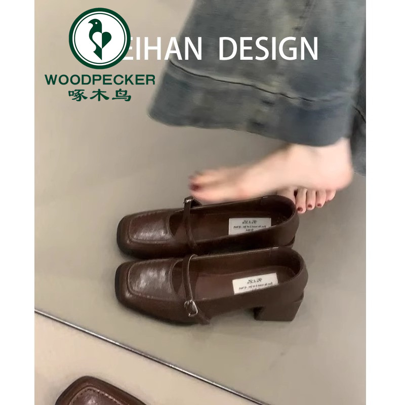 啄木鸟复古粗跟小皮鞋女秋方头浅口一字扣带玛丽珍鞋气质通勤单鞋