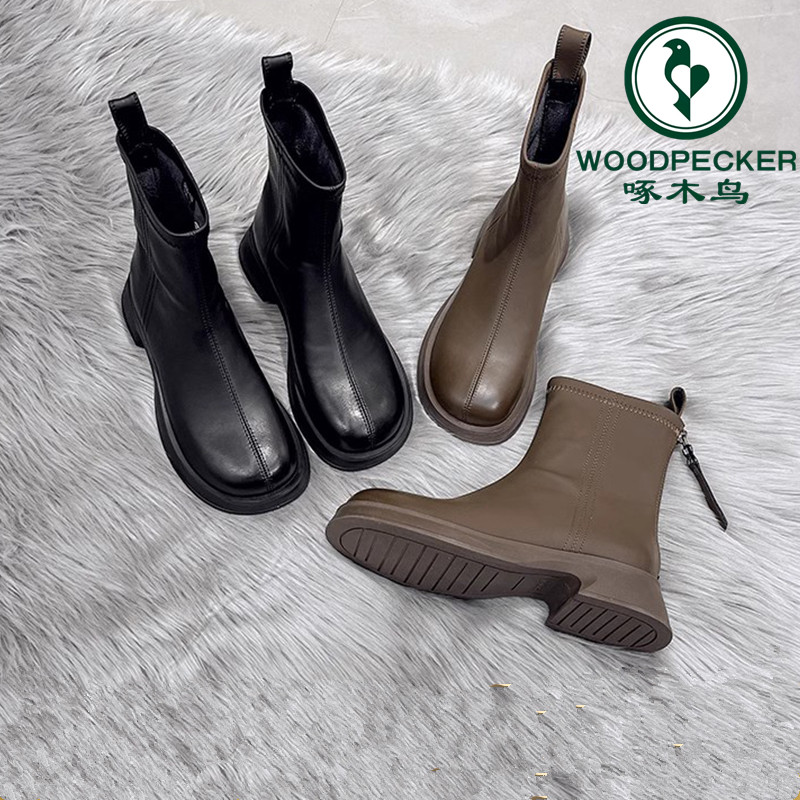 啄木鸟厚底马丁靴女2025新款秋冬英伦风加绒瘦瘦靴中筒切尔西短靴