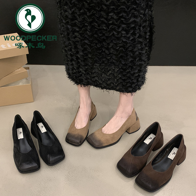 啄木鸟粗跟单鞋女2024新款春秋季法式浅口玛丽珍女鞋温柔风晚晚鞋