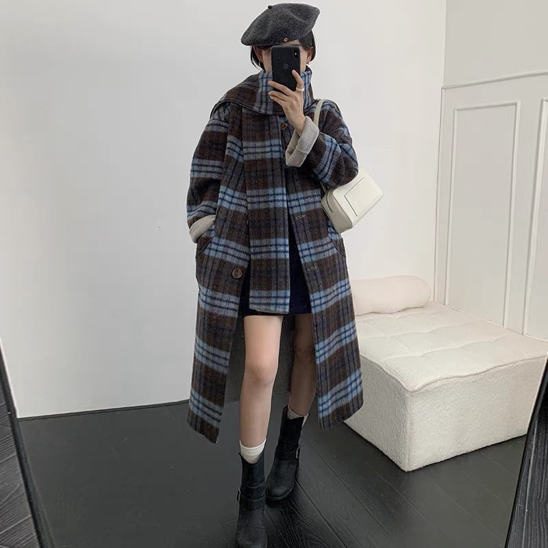 【西太后】秋冬新款韩版双面呢羊毛大衣围巾格子气质高级毛呢外套女