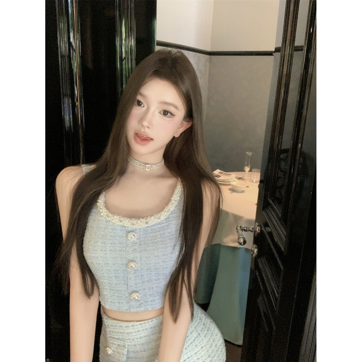 法式气质纯欲性感小香风镶钻珍珠边背心高腰半身裙修身包臀裙