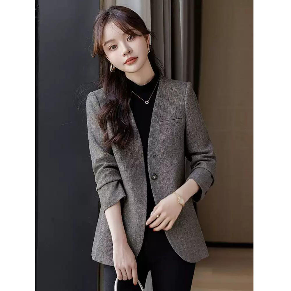 灰色无领西装外套女2025新款春秋季女装高级感休闲呢子小西装上衣