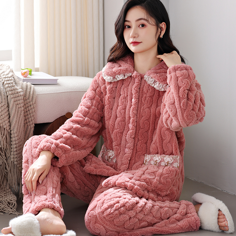 秋冬季珊瑚绒睡衣女中老年妈妈装冬款大码加绒加厚保暖珊瑚绒套装