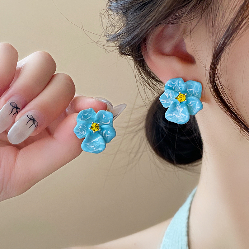 合金铅玻璃耳饰 蓝色花朵耳钉清新甜美百搭耳环小巧精致少女耳饰