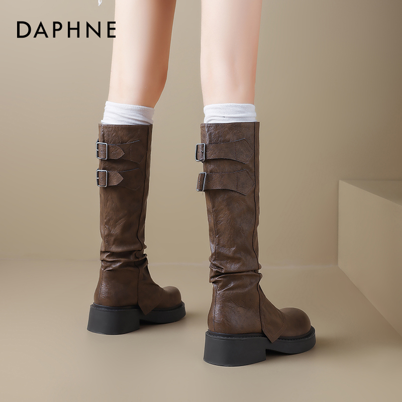 达芙妮西部牛仔靴女2025新款秋冬加绒堆堆裤管靴厚底不过膝长筒靴