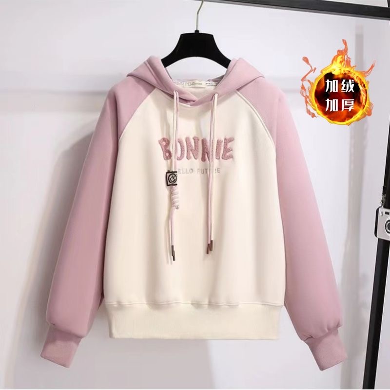 女童2024秋冬新款插肩袖带帽卫衣加绒加厚中大童漂亮撞色上衣洋气