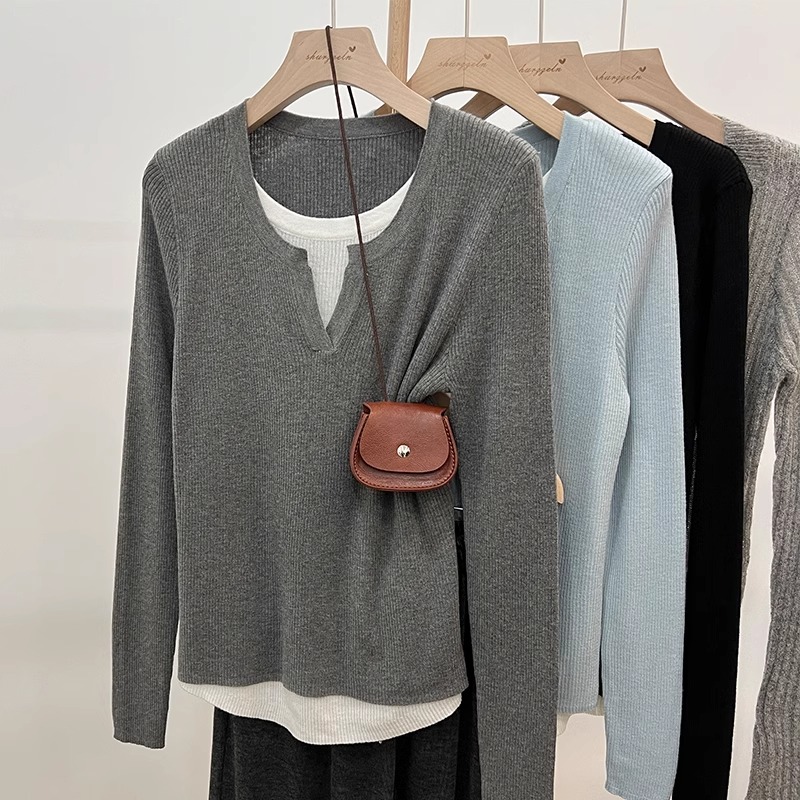 灰色小香风慵懒针织打底衫冬款女长袖毛衣假两件拼接宽松内搭上衣