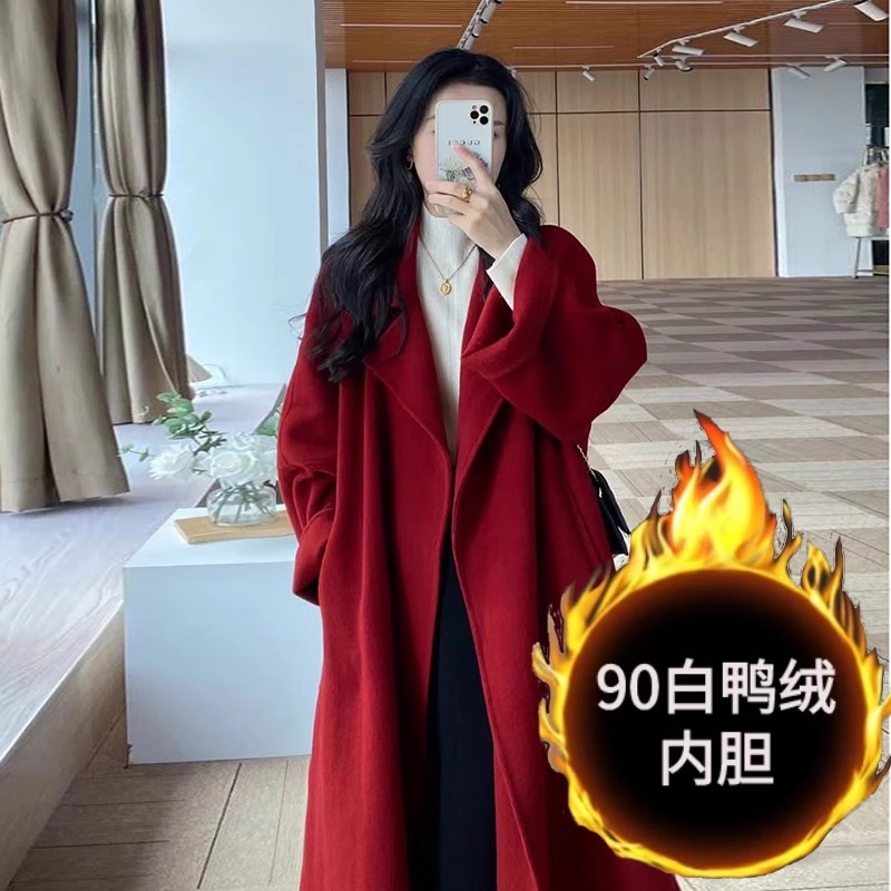 红色羽绒服女2024冬季新款羽绒可拆卸内胆红色双面呢毛呢大衣加厚
