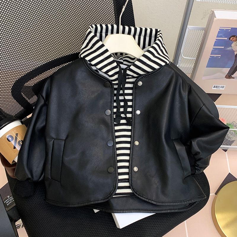 儿童秋装外套皮衣洋气新款男女宝宝春秋韩版PU夹克连帽卫衣皮夹克