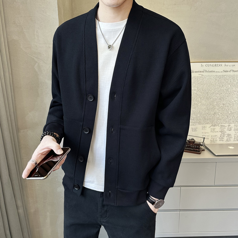 针织衫夹克男潮流春秋季韩版帅气弹力V领毛线衣外套百搭休闲开衫