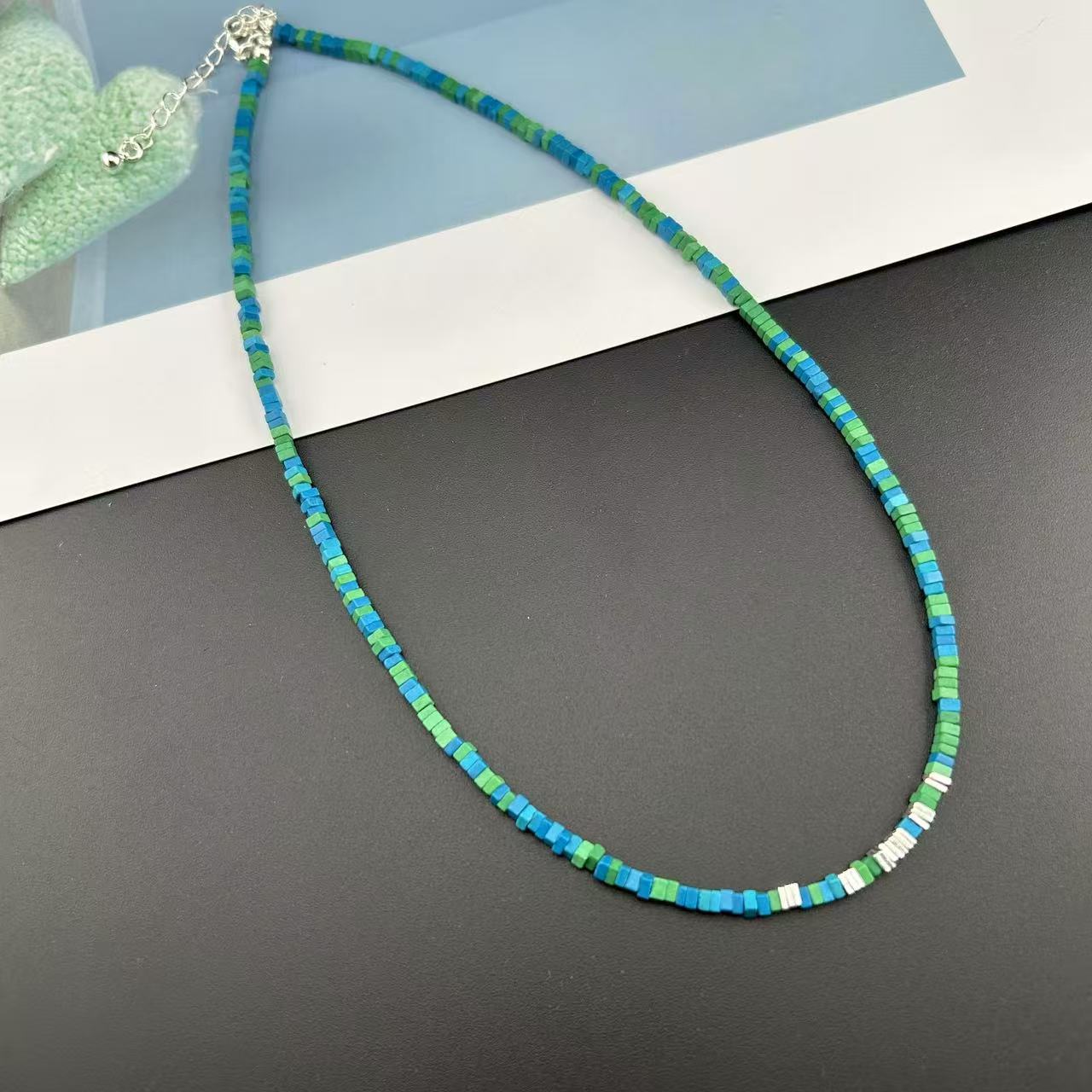 链子925银 0370YOUPLUS925蓝绿方片项链（40+5）