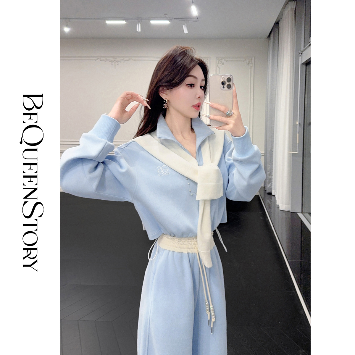 BeQueenStory【蔚蓝心晴】针织衫披肩上衣&拼色直筒裤时尚套装蓝白