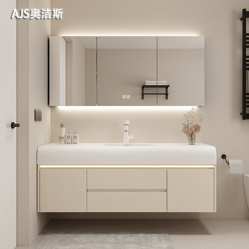 【肤感可丽耐一体盆】多层实木奶油风浴室柜洗手台洗漱台盆柜组合