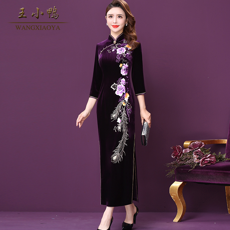 王小鸭W-A6-19181连衣裙春秋新款中国风轻款婚礼妈妈礼服端庄洋气