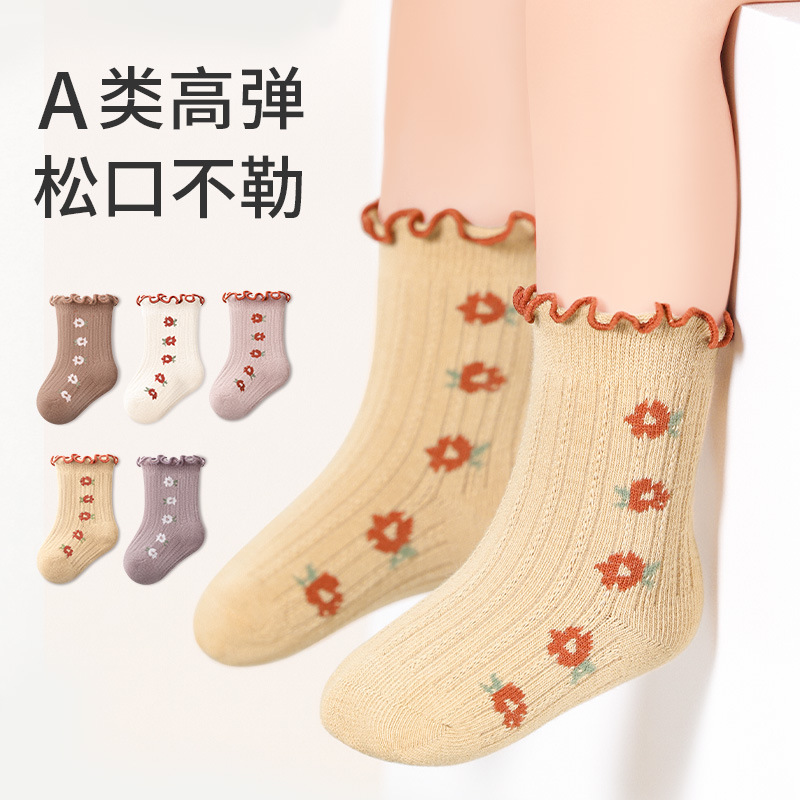返潮复古秋季加厚袜子A类棉木耳花边女童公主袜无骨不勒腿宝宝袜