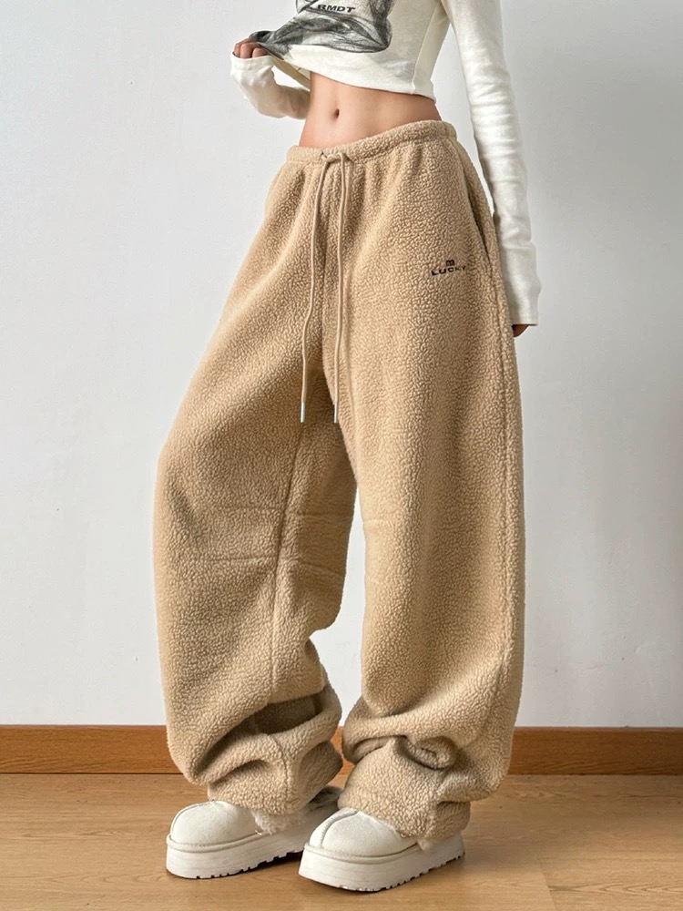 美式复古加厚摇粒绒休闲运动裤男女潮牌百搭外穿保暖宽松阔腿裤子