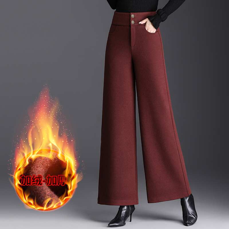 加绒加厚毛呢阔腿裤女高腰显瘦垂感宽松毛呢冬季裤子大脚休闲裤