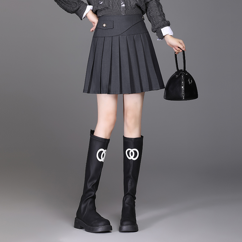 高腰西装短裙A字百褶裙女秋冬拼接显瘦防走光内衬黑色百搭半身裙