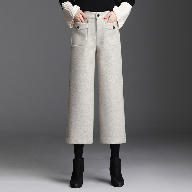 羊毛呢阔腿裤女秋冬加厚八分裤高腰显瘦休闲直筒裤时尚气质宽腿裤